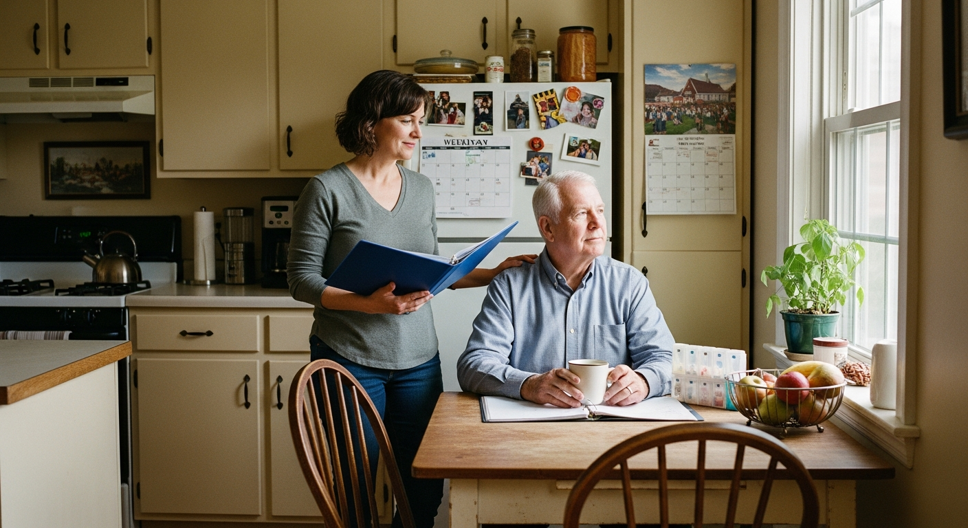 A daughter holds an open care plan binder behind her father at their kitchen table in a Greater Boston home.