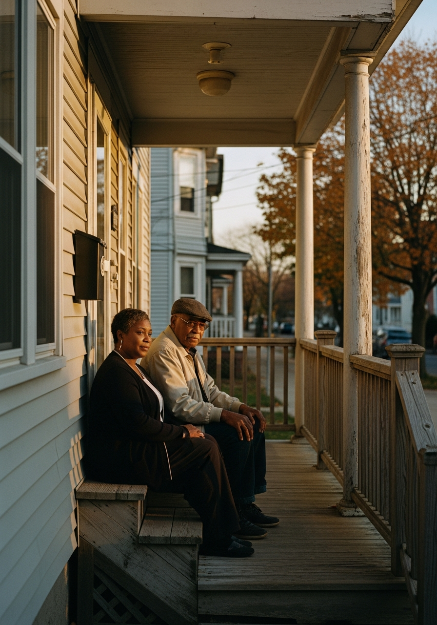 A daughter and her father sit together on the porch of a Massachusetts triple decker in late afternoon light.